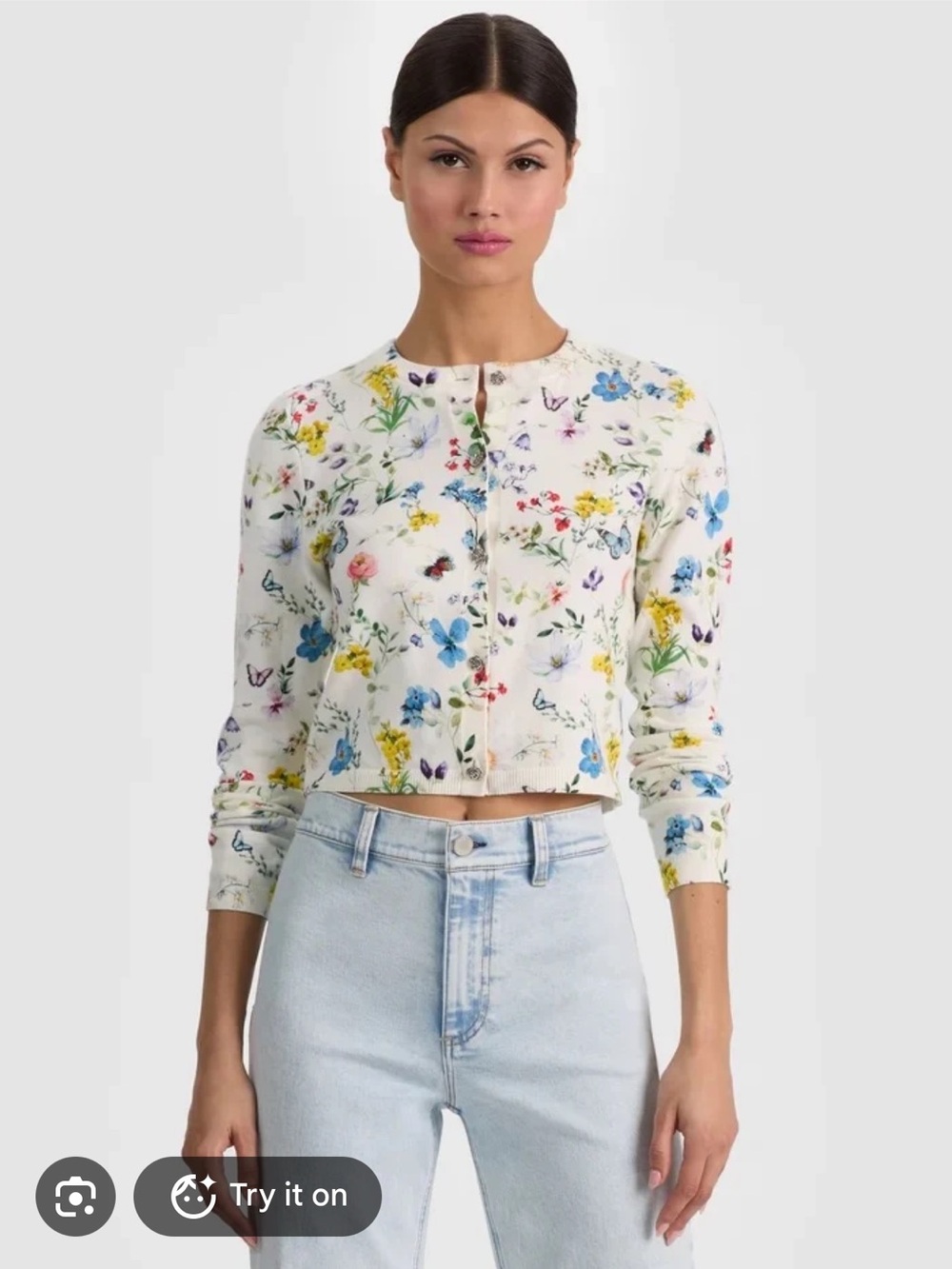 Alice + Olivia White Floral Cropped Crewneck Cardigan